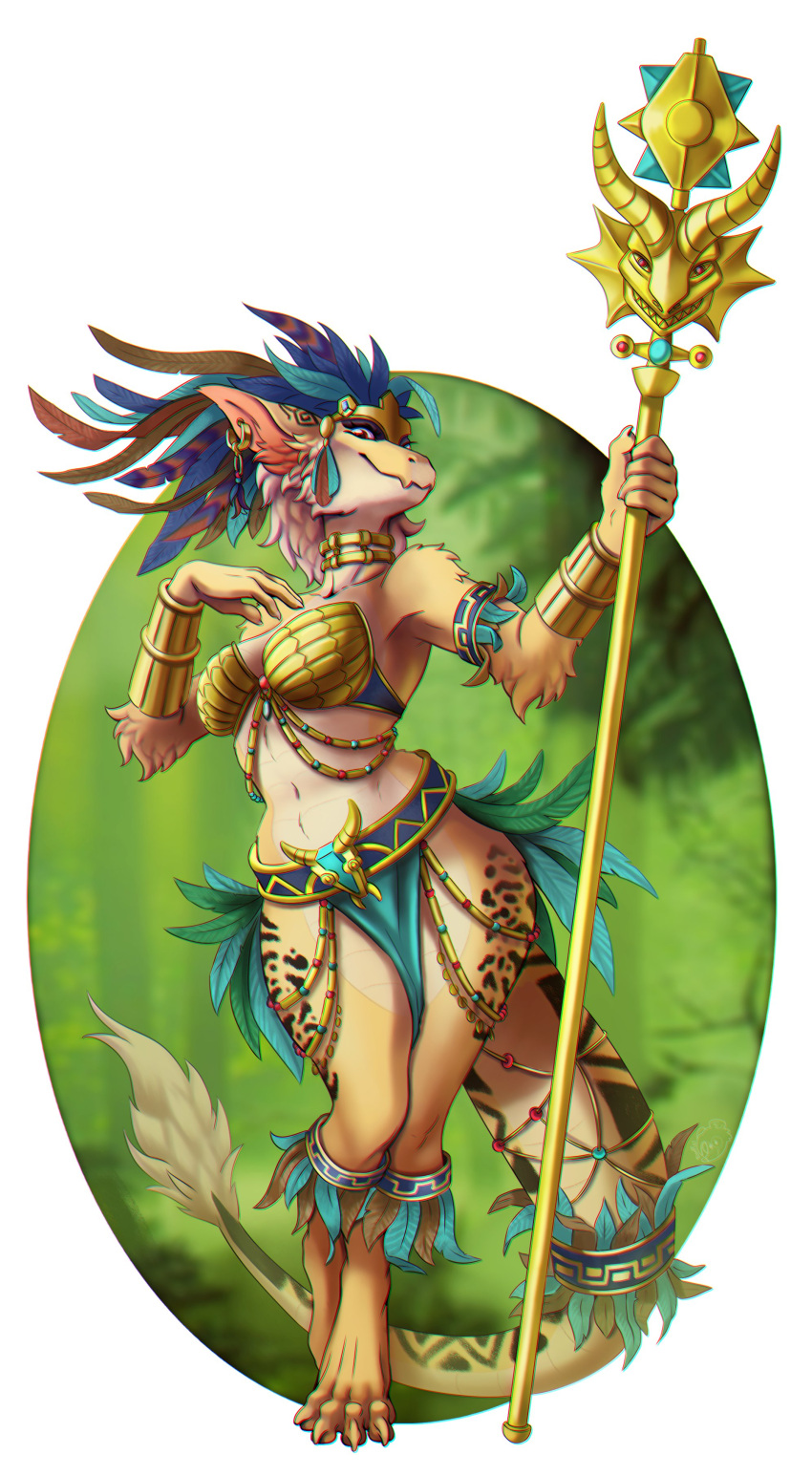 2023 absurd_res animal_print anthro aztec breasts clothed clothing digital_media_(artwork) dragon feathered_dragon feathers female forest fur hair hi_res jaguar_print jewelry jungle ketzal looking_at_viewer plant ronff scales scalie simple_background smile solo staff tree yellow_body yellow_scales