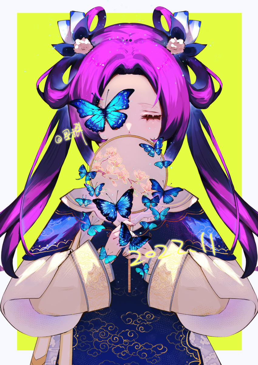 1girl 2022 absurdres blue_bow blue_butterfly blue_capelet blue_dress border bow bug butterfly butterfly_on_face capelet chinese_clothes closed_eyes cloud_print covered_mouth dress eyelashes floral_print flower hair_bow hair_flower hair_ornament hair_rings hand_fan highres holding holding_fan layered_capelet layered_sleeves long_hair long_sleeves one_eye_covered original purple_hair solo too_many_butterflies tuanshan twintails twitter_username upper_body white_border white_capelet white_flower white_sleeves wide_sleeves xing_bi yellow_background