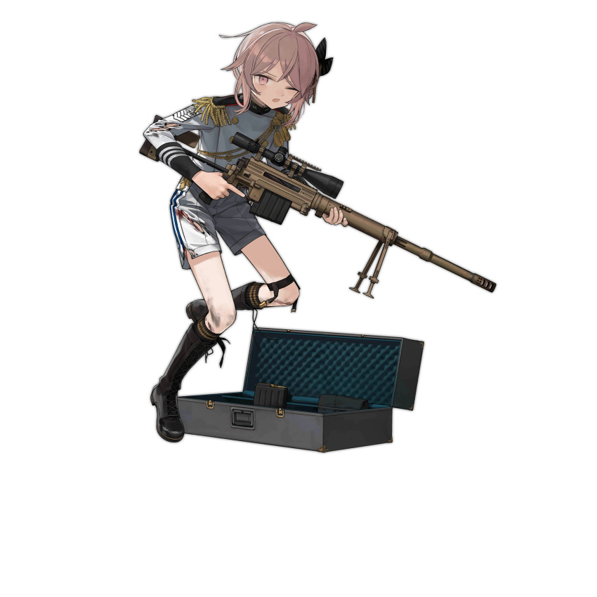 1girl ahoge astg black_bow black_footwear black_socks blood blood_on_clothes blood_on_leg bolt_action boots bow cheytac_m200 cross-laced_footwear epaulettes fingernails full_body girls'_frontline grey_hair griffin_&amp;_kryuger gun hair_bow hair_bun highres holding holding_gun holding_weapon knee_boots kneehighs lace-up_boots looking_at_viewer m200_(solemn_march)_(girls'_frontline) marching_band official_alternate_costume official_art one_eye_closed open_mouth purple_eyes rifle scope shirt shorts simple_background single_hair_bun sniper_rifle socks solo standing standing_on_one_leg torn_clothes torn_shirt torn_shorts transparent_background trigger_discipline weapon white_shirt white_shorts white_uniform
