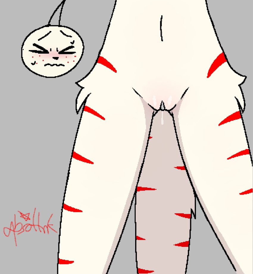 &gt;~&lt; 2023 absollnk anthro archie_(lewdylithical) blush bodily_fluids colored deer domestic_cat eyes_closed felid feline felis female freckles fur fur_tuft genital_fluids genitals hi_res hybrid mammal navel nervous pussy pussy_juice pussy_juice_string red_stripes shaded signature solo stripes sweat tuft white_body white_fur