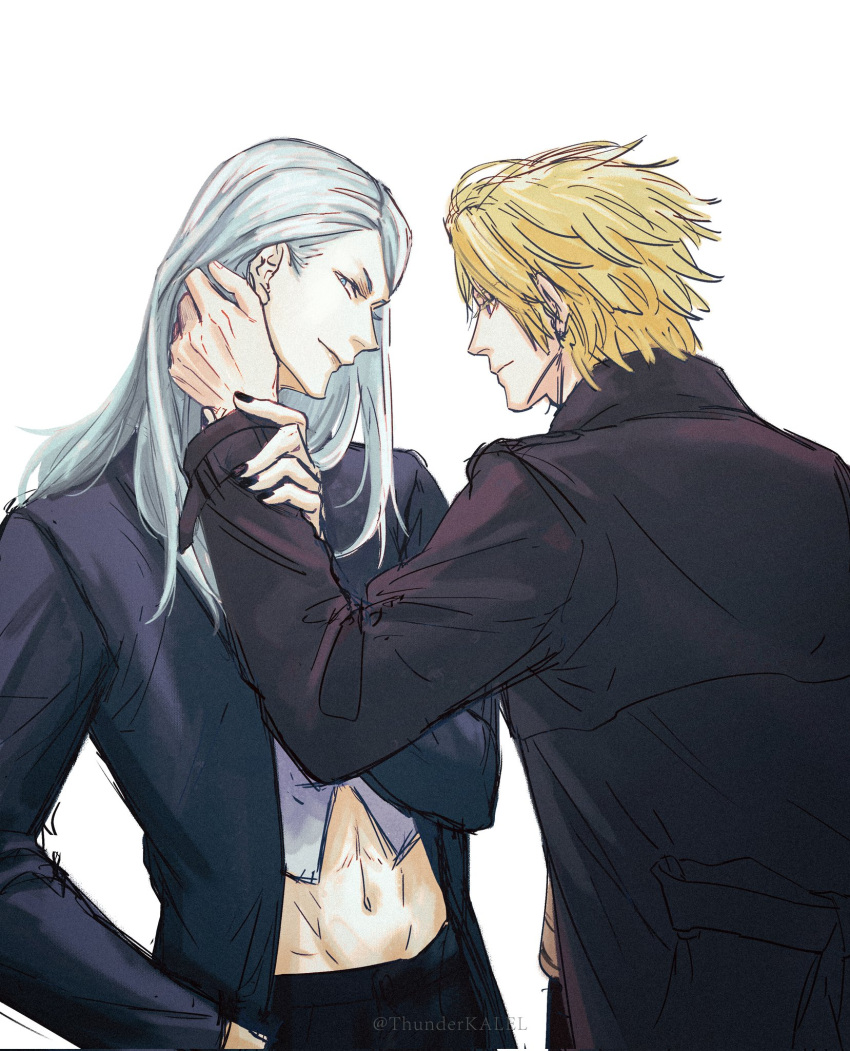2boys alternate_hair_color artist_name black_coat black_jacket black_nails black_pants blonde_hair blue_eyes coat cowboy_shot daybit_sem_void fate/grand_order fate_(series) flapper_shirt hand_in_pocket hand_on_another's_face highres jacket long_hair long_sleeves looking_at_another male_focus midriff multiple_boys navel no_eyewear open_clothes open_jacket pants profile purple_eyes shirt short_hair simple_background smile tezcatlipoca_(fate) thunderkalel trench_coat white_background white_hair white_shirt