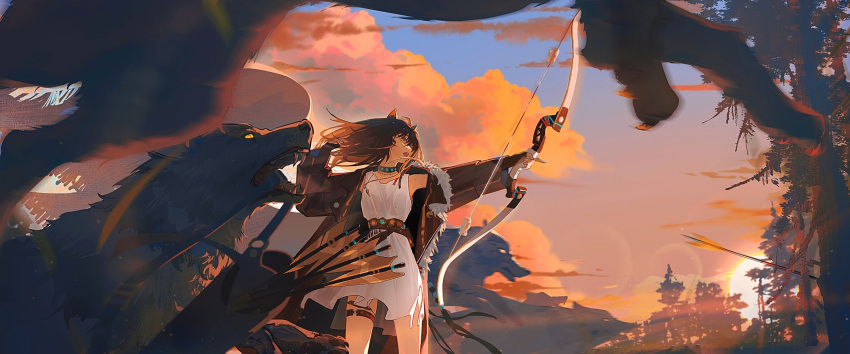 1girl animal_ears arknights arrow_(projectile) black_gloves bow_(weapon) brown_eyes brown_hair brown_jacket cloud cowboy_shot dress dusk fingerless_gloves floating_hair fur-trimmed_jacket fur_trim gloves hand_up hands_up highres holding holding_bow_(weapon) holding_weapon jacket lens_flare long_hair long_sleeves lunacub_(arknights) open_mouth outdoors quiver sleeveless sleeveless_dress solo sun sunset teeth tree upper_teeth_only weapon white_dress wolf wolf_ears yuyumu