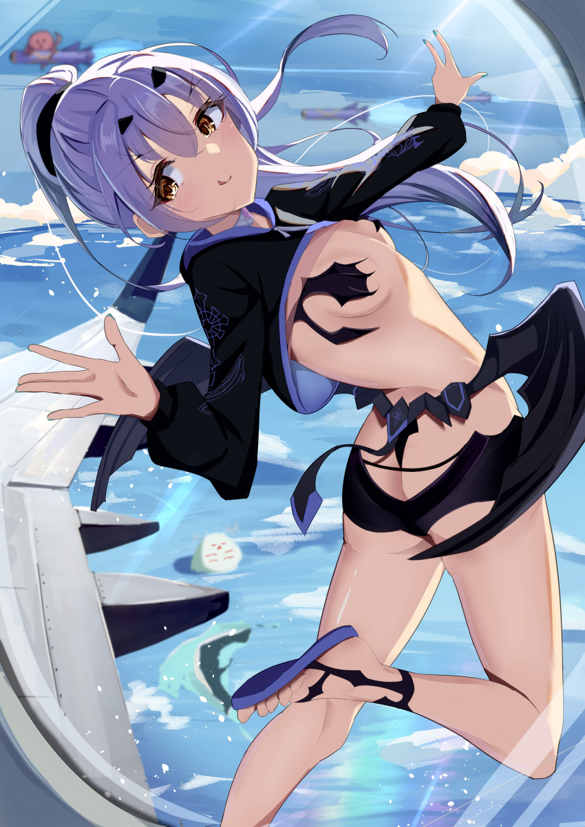 1girl absurdres arched_back ass bikini black_bikini black_jacket breasts cropped_jacket dragon_wings fate/grand_order fate_(series) forked_eyebrows high_ponytail highres jacket long_hair long_sleeves looking_at_viewer looking_back melusine_(fate) melusine_(swimsuit_ruler)_(fate) pizakame sandals shrug_(clothing) sidelocks small_breasts smile swimsuit tail thighs white_hair wings yellow_eyes