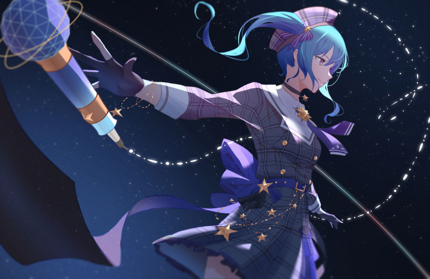 1girl absurdres ascot belt beret black_choker black_gloves blue_ascot blue_belt blue_hair bow breasts buttons choker commentary cowboy_shot dress frilled_dress frills gloves gold_bracelet grey_dress grin hair_bow hat highres hololive hoshimachi_suisei hoshimachi_suisei_(1st_costume) jacket long_sleeves looking_afar looking_ahead medium_hair microphone partially_fingerless_gloves plaid plaid_dress plaid_headwear plaid_jacket purple_bow purple_eyes purple_headwear side_ponytail sidelocks sleeve_cuffs small_breasts smile solo space star_(sky) star_(symbol) star_bracelet star_choker symbol-only_commentary virtual_youtuber wesly2300