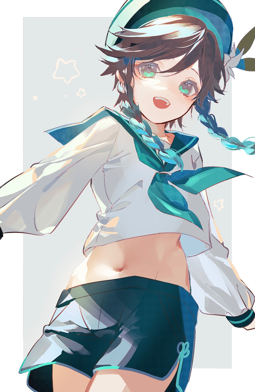 1boy aqua_hair black_hair black_shorts blue_sailor_collar border braid crop_top flower genshin_impact green_eyes green_headwear grey_background hat hat_flower highres karonaru long_sleeves low_twin_braids male_focus multicolored_hair open_mouth sailor_collar shirt shorts smile solo twin_braids venti_(genshin_impact) white_border white_flower white_shirt