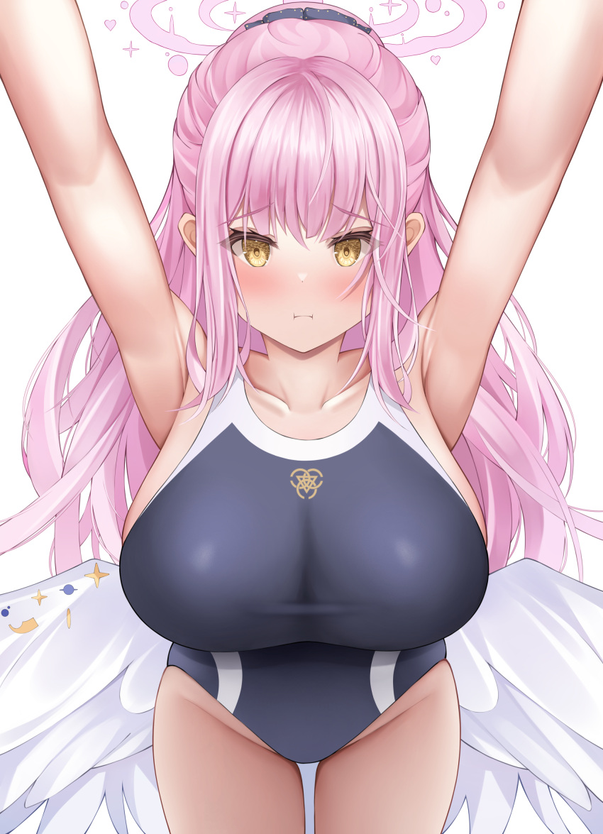 1girl absurdres angel_wings arms_up blue_archive blue_scrunchie blush breasts closed_mouth collarbone feathered_wings gintokyhenry groin hair_ornament hair_scrunchie halo high_ponytail highres huge_breasts long_hair looking_at_viewer low_wings mika_(blue_archive) pink_hair pink_halo school_swimsuit scrunchie simple_background solo swimsuit thighs white_background white_wings wings