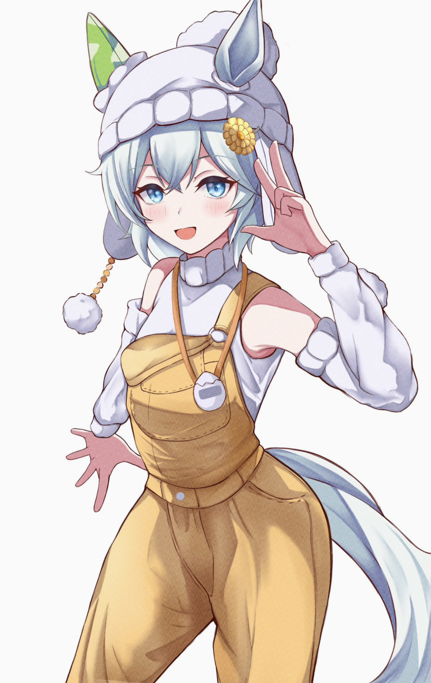 1girl animal_ears arms_up bare_shoulders beanie blue_eyes blue_hair blush commentary_request cowboy_shot detached_sleeves ear_covers ears_through_headwear hair_between_eyes hair_ornament hairclip hat highres horse_ears horse_girl lanyard long_sleeves looking_at_viewer official_alternate_costume open_mouth orange_overalls overalls peperoncino-sama seiun_sky_(umamusume) short_hair single_ear_cover sleeveless sleeveless_sweater solo sweat sweater tamagotchi teeth turtleneck turtleneck_sweater umamusume upper_body upper_teeth_only w