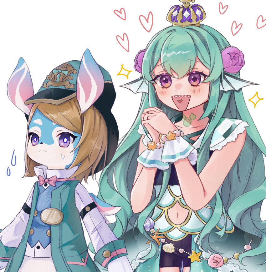 2girls blush brown_hair clothing_cutout finana_ryugu finana_ryugu_(1st_costume) fins flower frilled_sailor_collar frills furry furry_female genshin_impact green_hair hair_flower hair_ornament head_fins heart heart_in_mouth highres long_hair medium_hair melusine_(genshin_impact) multiple_girls navel_cutout neck_tattoo nekono_chigu nijisanji nijisanji_en purple_eyes purple_flower sailor_collar sharp_teeth tattoo teeth upper_teeth_only virtual_youtuber wrist_cuffs