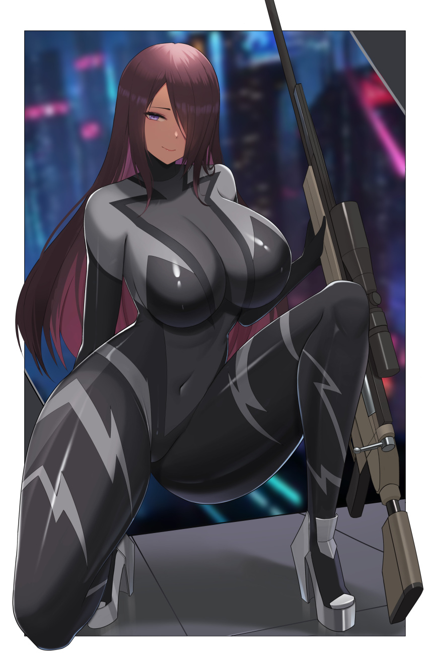 1girl absurdres black_bodysuit blurry blurry_background bodysuit breasts brown_hair commission covered_navel dark-skinned_female dark_skin gun hair_over_one_eye high_heels highres holding holding_gun holding_weapon huge_breasts impossible_bodysuit impossible_clothes long_hair pixiv_commission purple_eyes rifle scope skyline sniper_rifle solo tatakau_ataisuru ultra_(511455329) weapon