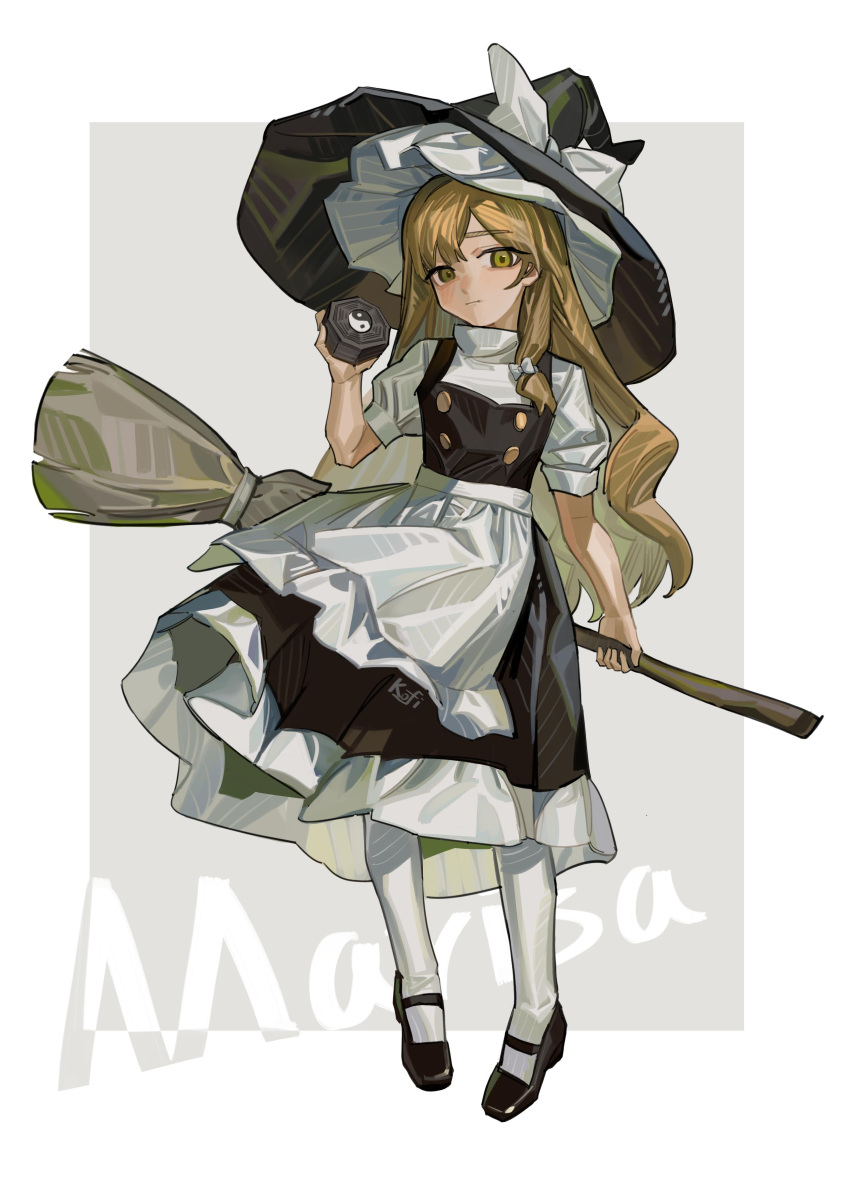 1girl absurdres apron artist_name black_footwear black_headwear black_skirt black_vest blonde_hair blush bow broom character_name chinese_commentary closed_mouth commentary_request copyright expressionless full_body hat hat_bow highres holding holding_broom kirisame_marisa kofi-mo long_hair looking_at_viewer mary_janes mini-hakkero puffy_short_sleeves puffy_sleeves shirt shoes short_sleeves simple_background skirt sleeve_cuffs solo thighhighs touhou turtleneck very_long_hair vest waist_apron white_apron white_bow white_shirt white_thighhighs witch_hat yellow_eyes