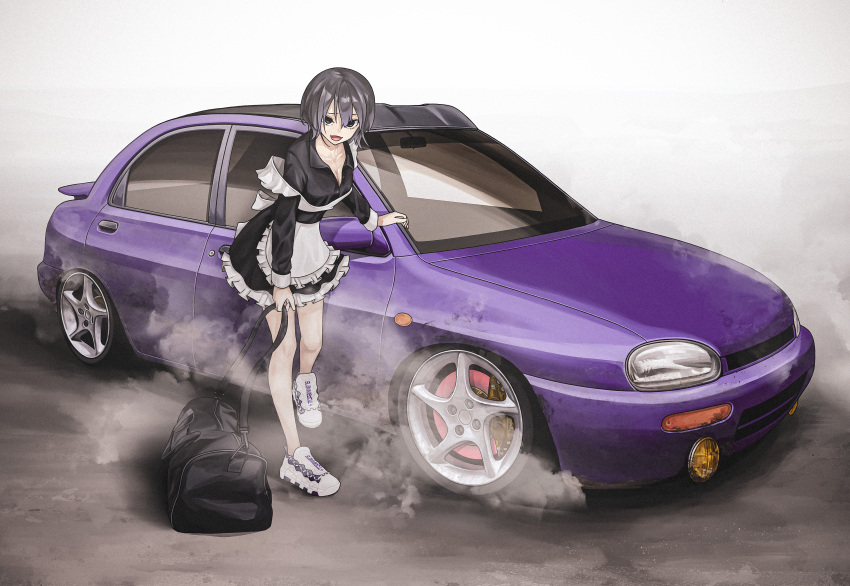 1girl absurdres apron bag black_dress black_eyes black_hair bokuya breasts car cleavage dress duffel_bag fog highres looking_at_viewer maid maid_apron mazda motor_vehicle open_mouth original partially_unbuttoned purple_car shoes short_hair sneakers solo waist_apron white_apron white_footwear