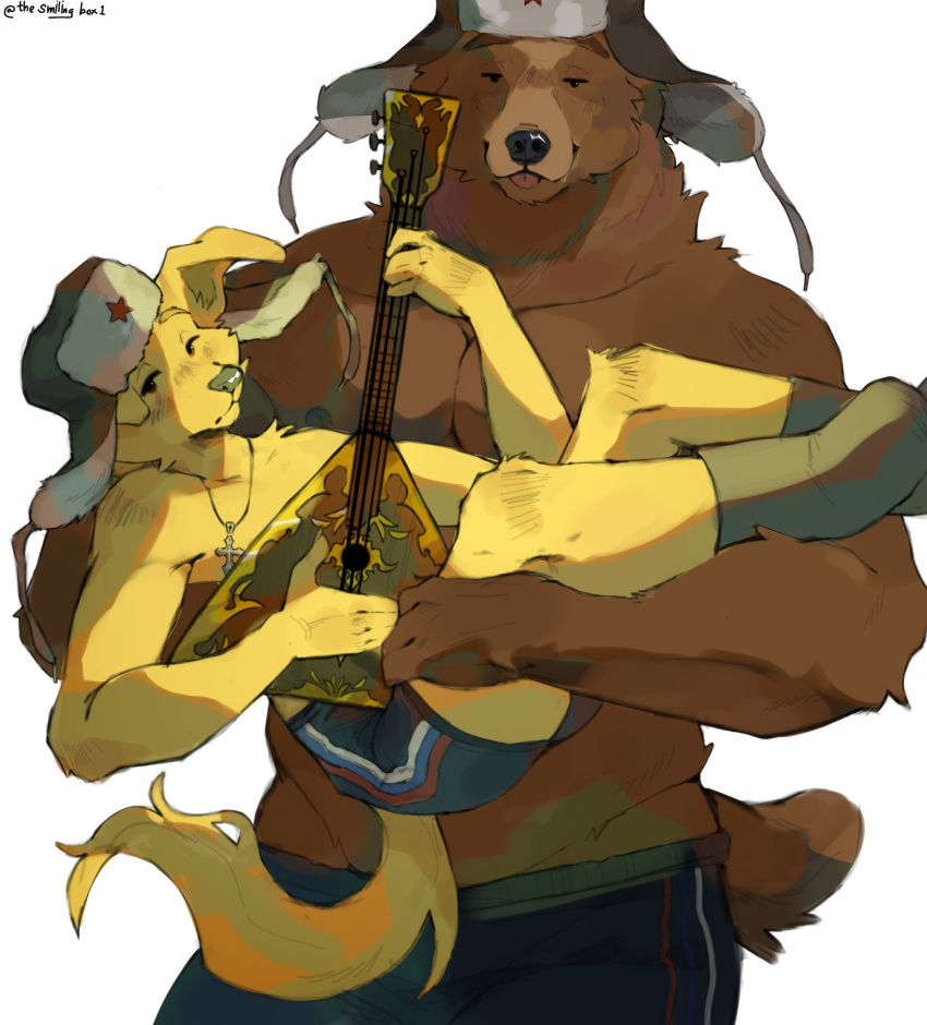 2023 anthro bear biped bird_dog blep bottomwear bridal_carry brown_body brown_fur canid canine canis carrying carrying_another carrying_partner clothing cross cross_necklace domestic_dog duo front_view fur golden_retriever guitar half-closed_eyes hat headgear headwear hi_res holding_guitar hunting_dog jewelry looking_at_another male mammal musical_instrument narrowed_eyes necklace nipples pecs plucked_string_instrument portrait red_star retriever russian shirtless shorts simple_background standing string_instrument thesmilingbox three-quarter_portrait tongue tongue_out ushanka v-cut white_background yellow_body yellow_fur