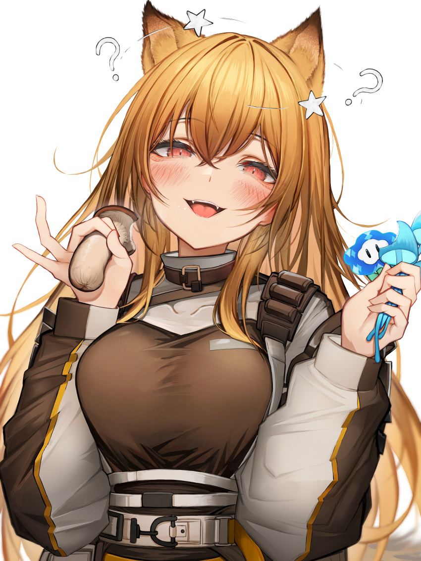 1girl ? absurdres animal_ear_fluff animal_ears arknights belt blush breasts breath brown_jacket ceobe_(arknights) dog_ears dog_girl fangs hair_between_eyes hands_up highres holding holding_mushroom jacket light_brown_hair long_hair long_sleeves looking_at_viewer multicolored_clothes multicolored_jacket mushroom open_mouth red_eyes simple_background solo star_(symbol) tab_head two-tone_jacket upper_body white_background white_jacket