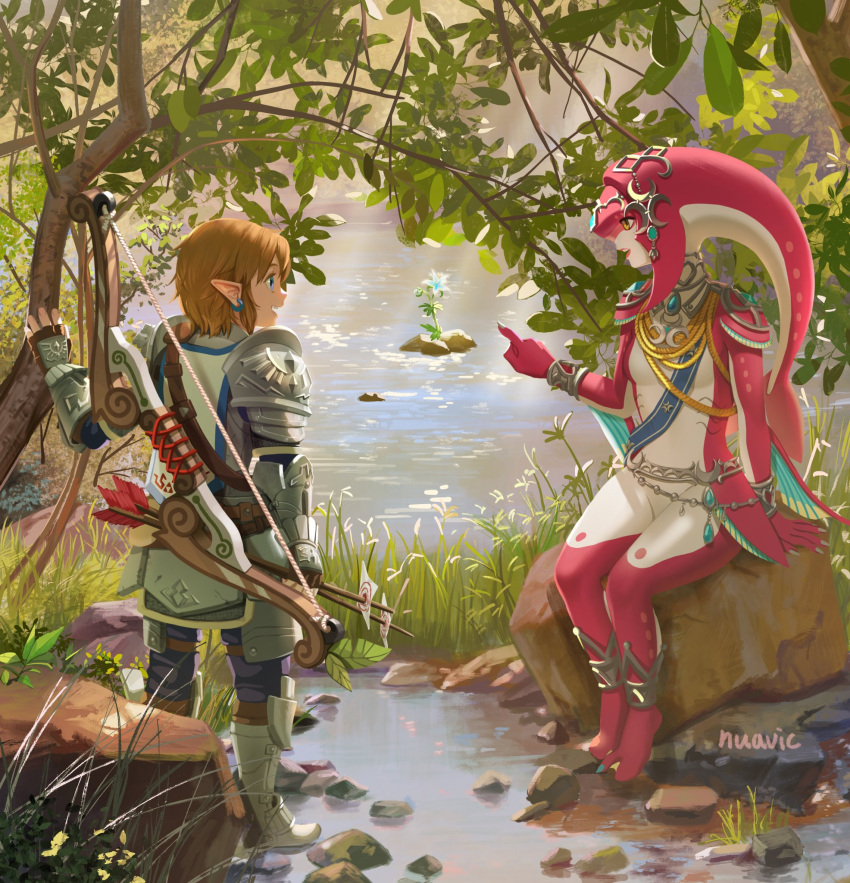 1boy 1girl armor bangs blonde_hair blue_eyes breasts colored_skin day fingerless_gloves fins fish_girl flower gloves grass hair_ornament highres jewelry link long_hair looking_at_another male_focus mipha monster_girl multicolored_skin no_eyebrows nuavic outdoors pointing pointy_ears red_hair red_skin shoulder_armor sitting smile soldier's_set_(zelda) sword the_legend_of_zelda the_legend_of_zelda:_breath_of_the_wild water weapon zora