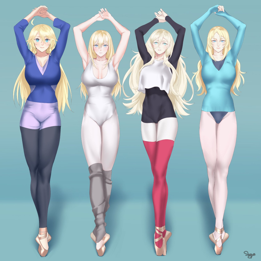 4girls aqua_eyes arms_up athletic_leotard ballet ballet_slippers bismarck_(kancolle) blonde_hair blue_eyes breasts closed_mouth commission full_body hair_between_eyes highres iowa_(kancolle) kantai_collection large_breasts leg_warmers leotard long_hair long_sleeves looking_at_viewer multiple_girls nelson_(kancolle) panties pantyhose parted_lips richelieu_(kancolle) shingyou_(alexander-13) signature simple_background skeb_commission underwear very_long_hair white_leotard white_panties