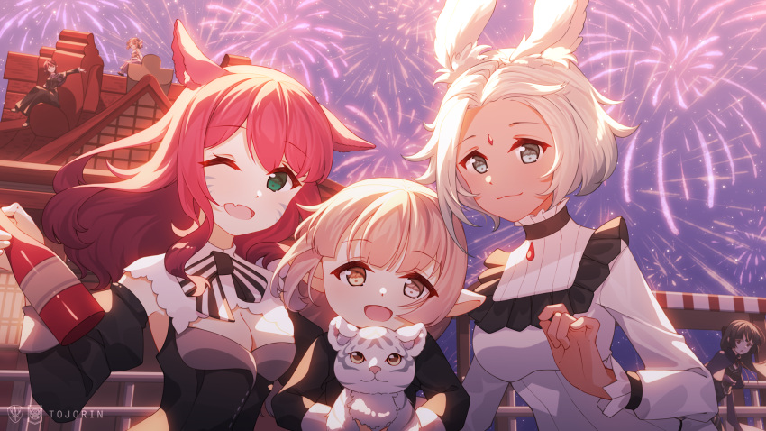 6+girls :d animal animal_ears artist_name brown_eyes cat_ears cat_girl detached_sleeves elezen elf fang final_fantasy final_fantasy_xiv fireworks forehead_jewel green_eyes grey_eyes grey_hair heterochromia highres holding holding_animal lalafell long_sleeves medium_hair miqo'te multiple_girls pointy_ears rabbit_ears rabbit_girl red_hair shirt short_hair skin_fang sleeveless smile tojorin viera warrior_of_light_(ff14) white_hair white_shirt