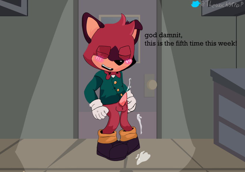 anthro barry_(sonic) blush bodily_fluids closet cum cum_on_ground cum_pool erection eyes_closed genital_fluids genitals macropod male mammal maroon_fur marsupial penis quokka sega solo sonic_the_hedgehog_(series) th3wackytrap