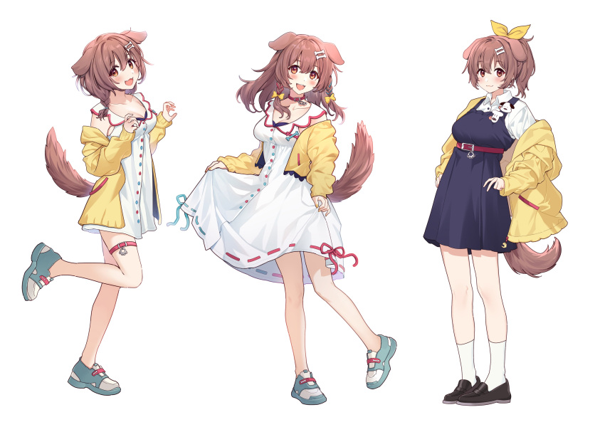 14_(vision5032) 1girl :d absurdres alternate_costume alternate_hairstyle animal_ears bare_legs belt black_dress black_footwear blue_footwear blush bone_hair_ornament braid breasts character_pin cleavage closed_mouth commentary dog_ears dog_tail dress fangs full_body futo-inu hair_between_eyes hair_ornament hair_ribbon highres hololive hoso-inu inugami_korone jacket loafers looking_at_viewer medium_breasts medium_hair multiple_views off_shoulder open_clothes open_jacket open_mouth paw_pose pinafore_dress ponytail red_belt red_eyes ribbon shoes short_hair simple_background skirt_hold sleeveless sleeveless_dress smile socks standing standing_on_one_leg tail thigh_strap tress_ribbon twin_braids virtual_youtuber white_background white_dress white_socks yellow_jacket yellow_ribbon