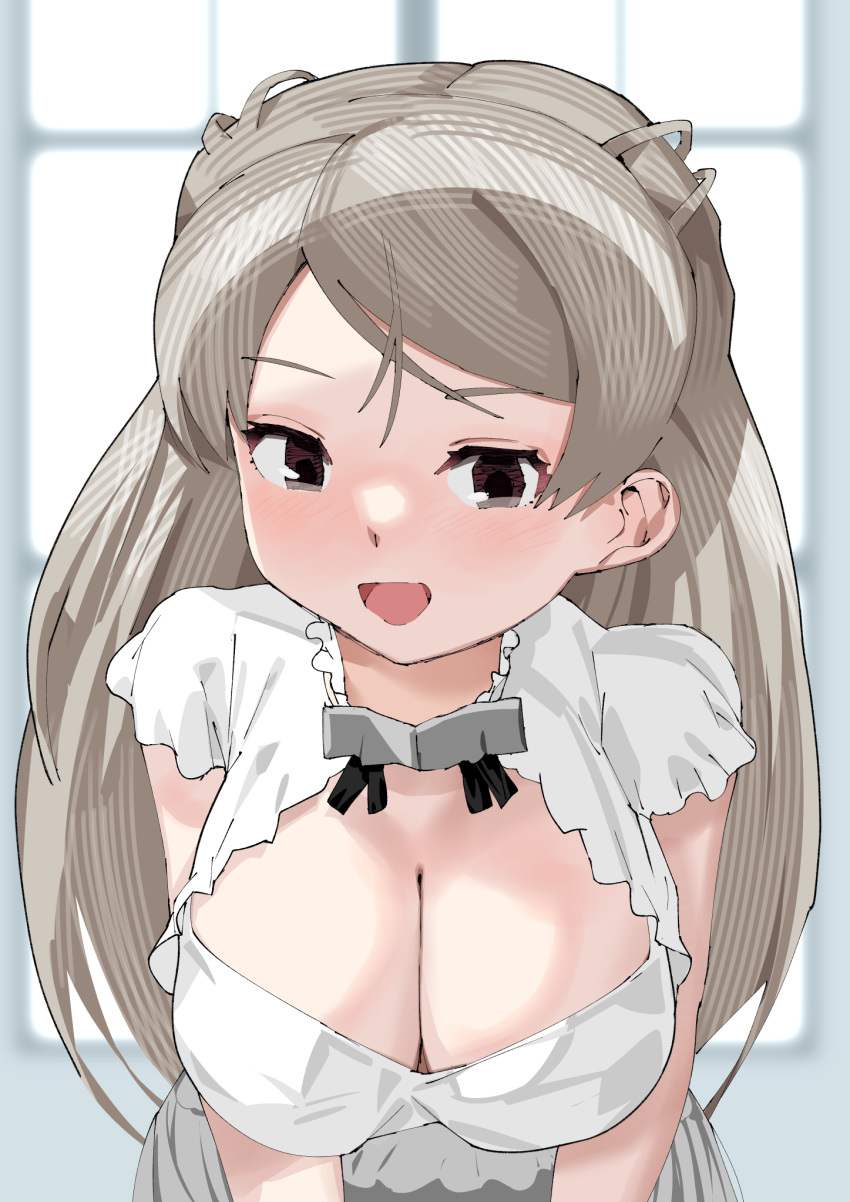 1girl breasts brown_eyes cleavage cleavage_cutout clothing_cutout commentary_request conte_di_cavour_(kancolle) conte_di_cavour_nuovo_(kancolle) dress frilled_dress frills grey_dress grey_hair highres igarashi_mangou kantai_collection large_breasts layered_dress leaning_forward short_sleeves solo two-tone_dress two_side_up upper_body window