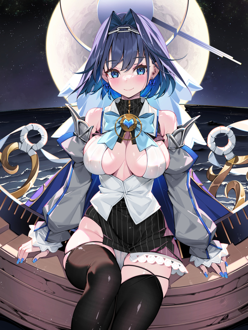 1girl black_thighhighs blue_cape blue_eyes blue_hair blue_nails blush bow bow_earrings breasts cameltoe cape closed_mouth detached_sleeves earrings hair_intakes head_chain highres hololive hololive_english jewelry large_breasts looking_at_viewer miniskirt moon night night_sky ocean ouro_kronii panties short_hair sitting skindentation skirt sky smile solo star_(sky) starry_sky thighhighs thighs underwear virtual_youtuber water waterring white_panties