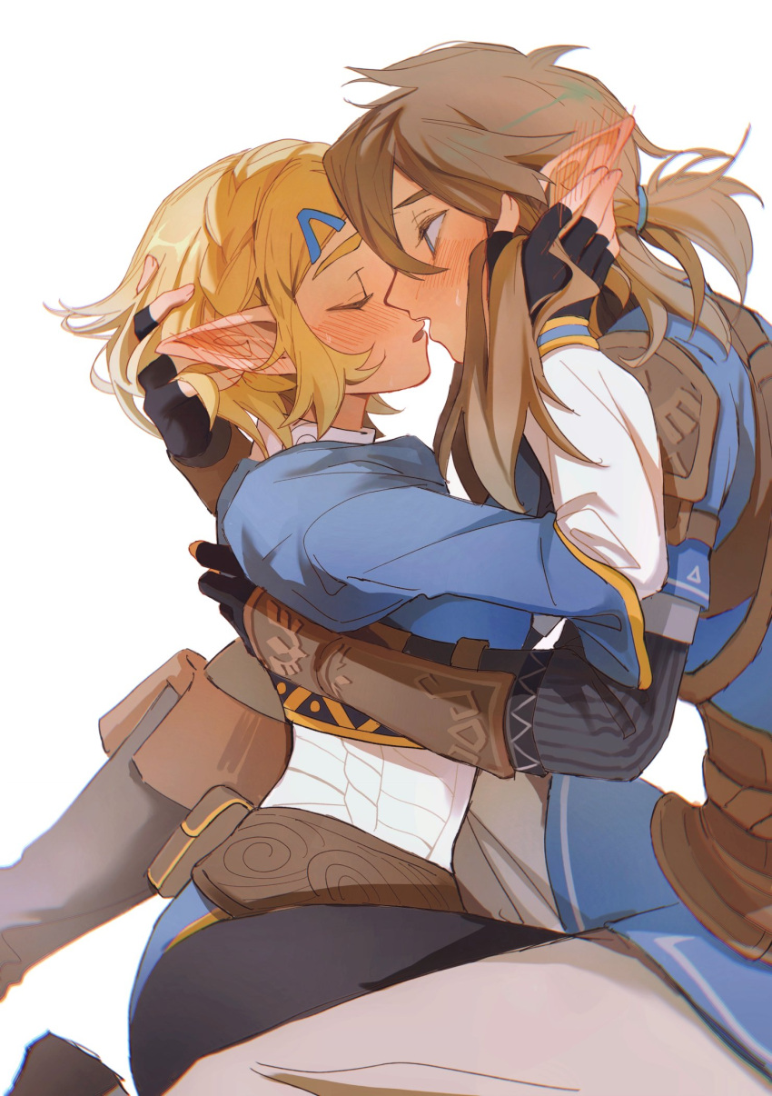 1boy 1girl black_gloves blonde_hair blue_eyes blush braid brown_hair closed_eyes commentary crown_braid fingerless_gloves gloves hair_ornament hair_tie hairclip hand_on_another's_head hetero highres hug imminent_kiss link long_hair long_sleeves pointy_ears princess_zelda profile shirt short_hair short_ponytail shuo_yue sidelocks simple_background sitting sweat sweatdrop the_legend_of_zelda the_legend_of_zelda:_tears_of_the_kingdom white_background