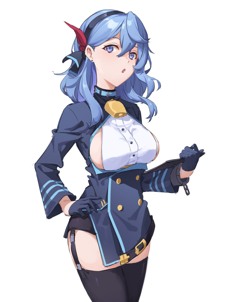 1girl :o ako_(blue_archive) bell black_skirt black_thighhighs blue_archive blue_eyes blue_gloves blue_hair blue_jacket breasts clipboard cowboy_shot framed_breasts garter_straps gloves hair_between_eyes hairband half_gloves highres holding holding_clipboard jacket ken_rqll large_breasts long_hair looking_at_viewer miniskirt neck_bell shirt simple_background skirt solo thighhighs white_background white_shirt