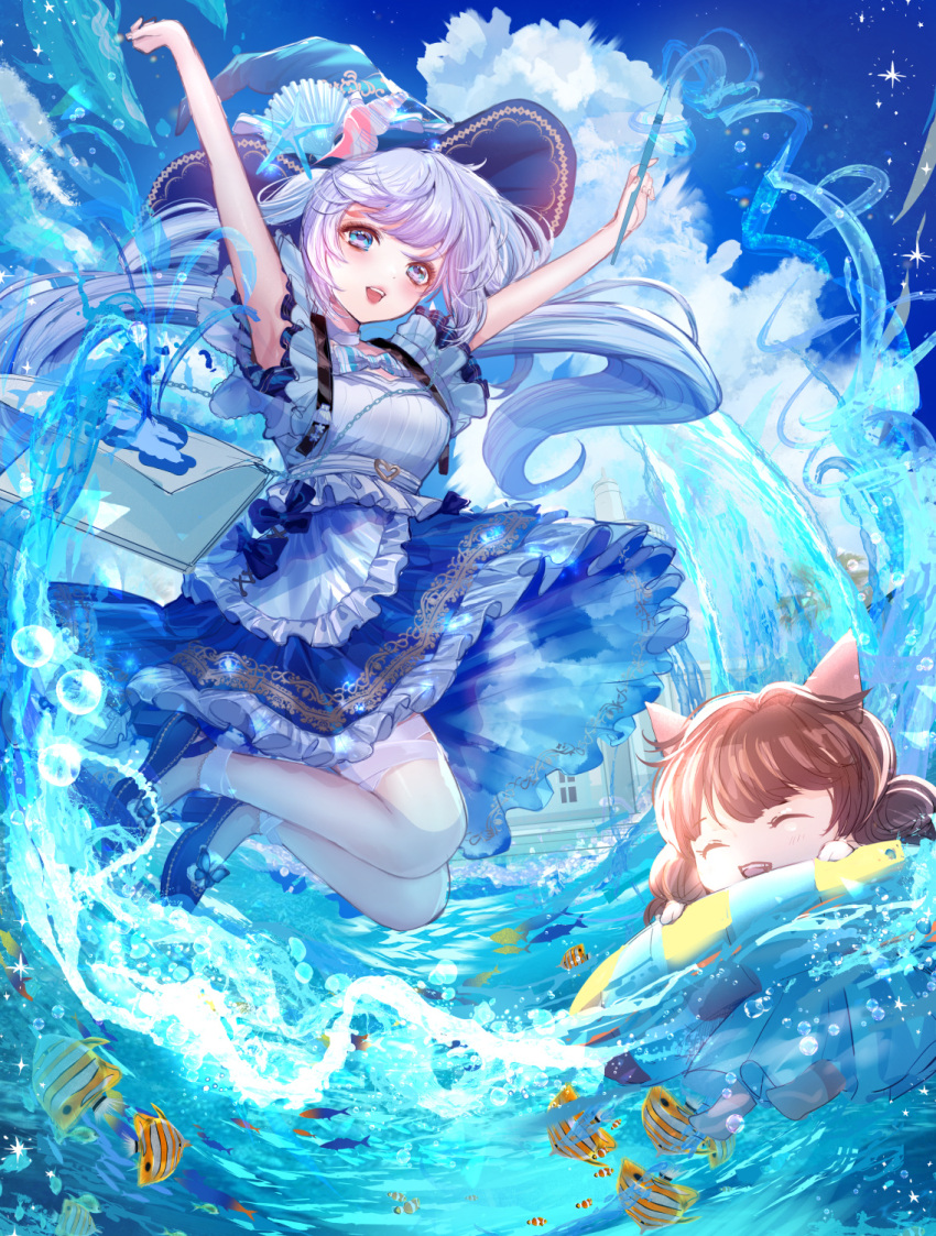 2girls :d arm_up blue_eyes blue_skirt blue_sky blush brown_hair chibi closed_eyes cloud day dot_nose feet_up fish frilled_shirt frilled_skirt frills from_side full_body hat highres holding holding_wand innertube jumping komorihikki legs_together looking_at_viewer multiple_girls open_mouth original outdoors partially_submerged shirt skirt sky smile swept_bangs teeth upper_teeth_only wand water white_shirt witch_hat