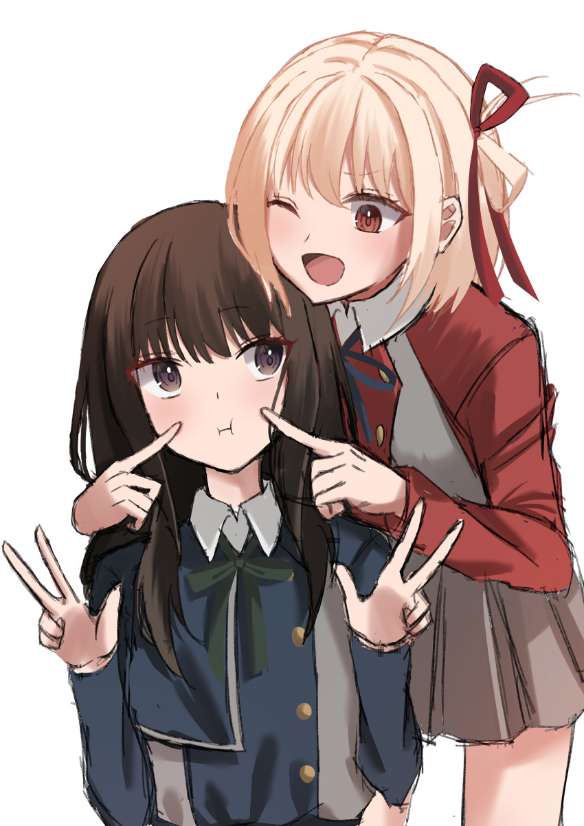 2girls absurdres black_eyes black_hair blonde_hair brown_eyes cheek_poking double_v hair_ribbon highres inoue_takina long_hair looking_at_another lycoris_recoil lycoris_uniform medium_hair multiple_girls nishikigi_chisato one_eye_closed open_mouth poking pout ribbon simple_background skirt smile user_ewdk5585 v white_background yuri