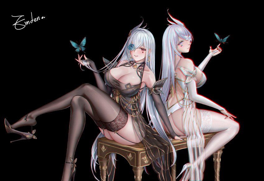 2girls absurdres alternate_costume azur_lane black_background black_dress black_garter_straps black_thighhighs black_vs_white blue_butterfly blue_flower breasts bug butterfly character_name chromatic_aberration detached_sleeves dress dual_persona emden_(azur_lane) flower flower_over_eye foot_out_of_frame garter_straps golden_miocola high_heels highres lace-trimmed_legwear lace_trim large_breasts lock long_hair multiple_girls padlock padlocked_collar rose see-through shoe_dangle simple_background sitting thighhighs very_long_hair white_dress white_flower white_hair white_rose white_thighhighs