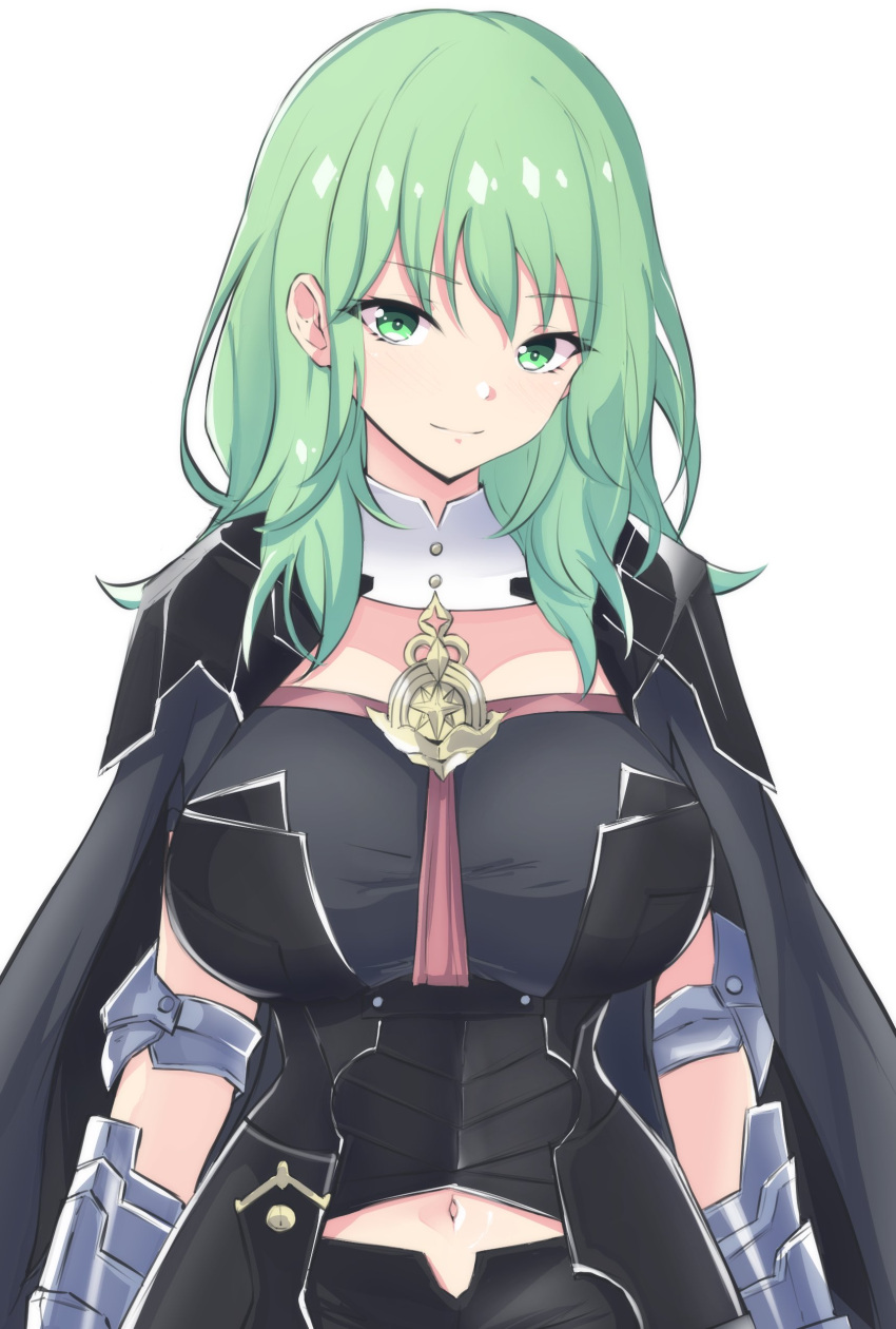 1girl absurdres alternate_hair_color armlet bodice breasts bustier byleth_(female)_(fire_emblem) byleth_(fire_emblem) cape clothing_cutout commentary_request enlightened_byleth_(female) fire_emblem fire_emblem:_three_houses green_eyes green_hair highres large_breasts latte light_green_hair navel_cutout ribbon_braid solo tassel turtleneck vambraces