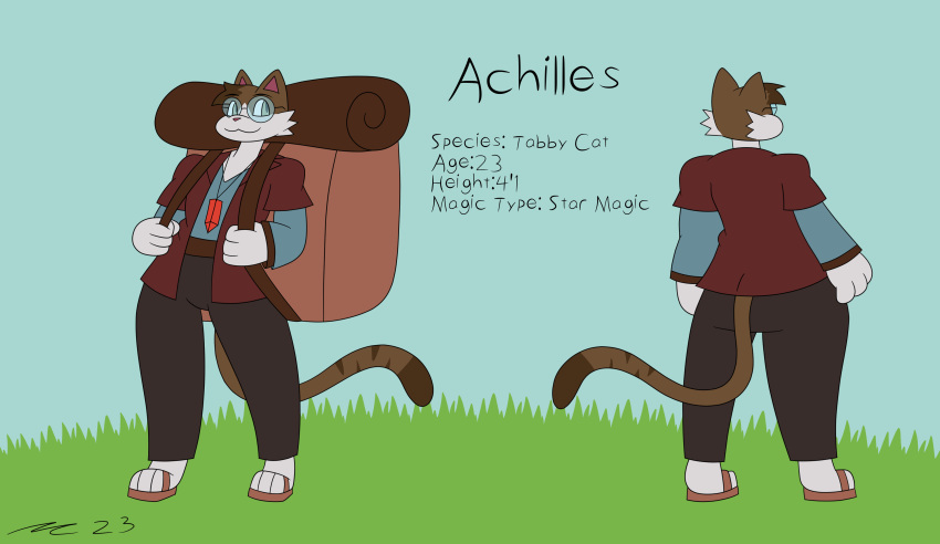 absurd_res achilles_(bob) anthro backpack brown_body brown_fur dirtymac domestic_cat eyewear felid feline felis fur glasses hi_res mac_daddy male mammal model_sheet simple_background simple_eyes solo tabby_cat white_body white_fur