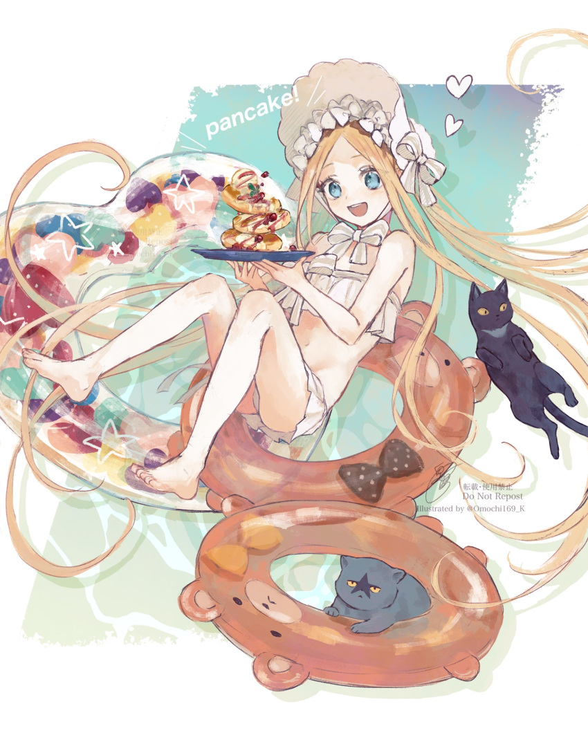 1girl abigail_williams_(fate) abigail_williams_(swimsuit_foreigner)_(fate) abigail_williams_(swimsuit_foreigner)_(third_ascension)_(fate) bikini black_cat blonde_hair blue_eyes blush bonnet bow cat fate/grand_order fate_(series) flat_chest food full_body happy heart heart-shaped_innertube highres holding holding_plate innertube long_hair looking_at_viewer omochi169_k open_mouth pancake parted_bangs plate smile solo strapless strapless_bikini swimsuit very_long_hair white_bikini white_bow white_headwear