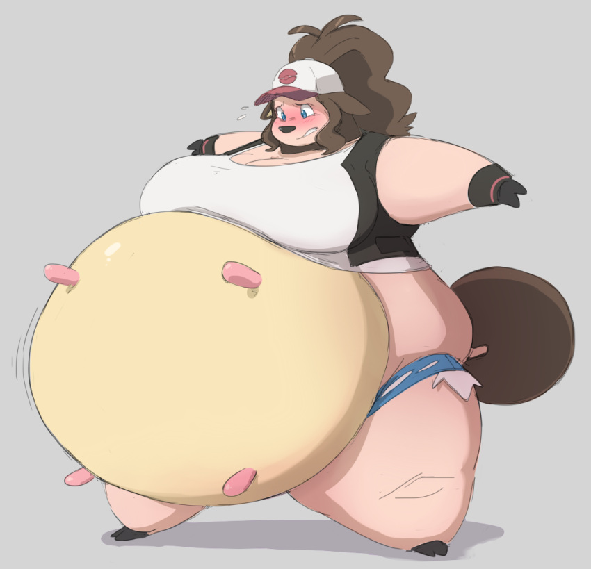 alternate_species anthro big_breasts blue_eyes blush bottomwear breasts brown_hair clothing embarrassed female generation_2_pokemon hair hat headgear headwear hilda_(pokemon) hooves hotpants huge_breasts implied_transformation looking_at_belly miltank morbidly_obese morbidly_obese_anthro morbidly_obese_female nintendo obese obese_anthro obese_female overweight overweight_anthro overweight_female pokeball pokeball_clothing pokemon pokemon_(species) ponytail shorts solo subakitsu teats thick_thighs topwear udders