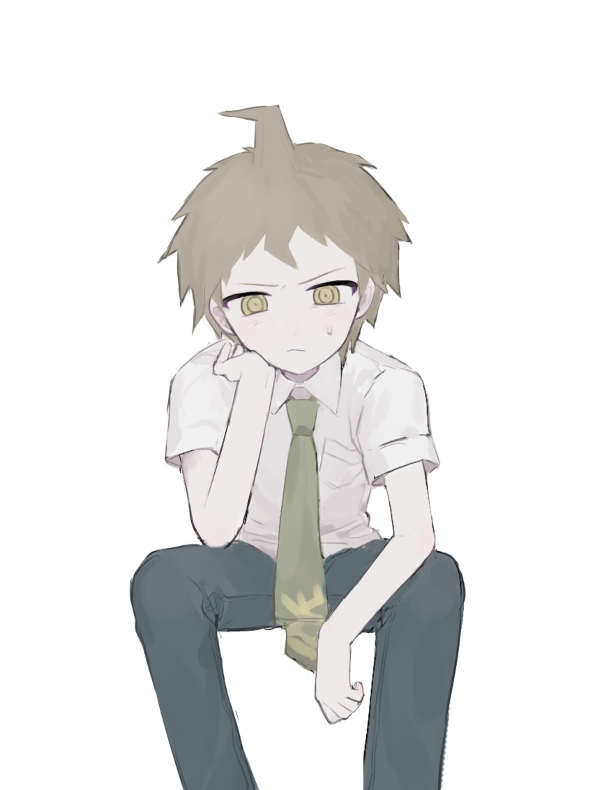 1boy ahoge black_pants breast_pocket brown_eyes brown_hair cheek_rest collared_shirt danganronpa_(series) danganronpa_2:_goodbye_despair feet_out_of_frame green_necktie grey_shirt highres hinata_hajime invisible_chair katyusha_(deer_peter) leaning_forward looking_at_viewer male_focus necktie pale_skin pants pocket shirt short_hair short_sleeves simple_background sitting solo white_background