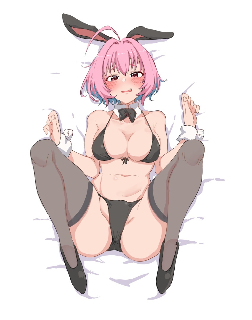 1girl absurdres ahoge animal_ears aqua_hair bikini black_bikini black_bow black_bowtie black_footwear black_headwear black_thighhighs blush bob_cut bow bowtie breasts cleavage collar collarbone colored_inner_hair commentary detached_collar fang front-tie_bikini_top front-tie_top hair_intakes highres idolmaster idolmaster_cinderella_girls idolmaster_cinderella_girls_starlight_stage knees_up large_breasts looking_at_viewer lying m_legs multicolored_hair navel on_back open_mouth pink_eyes pink_hair rabbit_ears smile solo stomach swimsuit thighhighs thighs two-tone_hair wasabijoyu76 white_collar white_wrist_cuffs yumemi_riamu