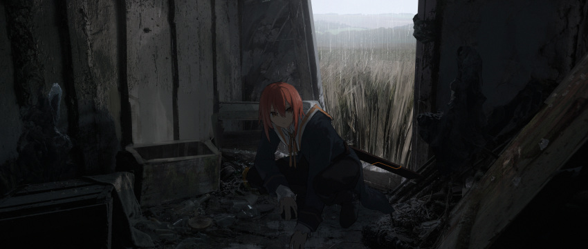 1girl abandoned absurdres asteroid_ill black_footwear black_pants blue_coat bottle building coat collared_shirt crate day dilapidated field grey_sky hair_between_eyes highres indoors long_sleeves looking_to_the_side medium_hair neckerchief nerve_(asteroid_ill) open_mouth original overgrown pants rain red_hair rubble ruins sailor_collar scenery shirt shoes sleeves_past_wrists solo squatting sword sword_on_back tall_grass teeth trash weapon weapon_on_back white_sailor_collar white_shirt wooden_beam wrist_cuffs yellow_eyes yellow_neckerchief