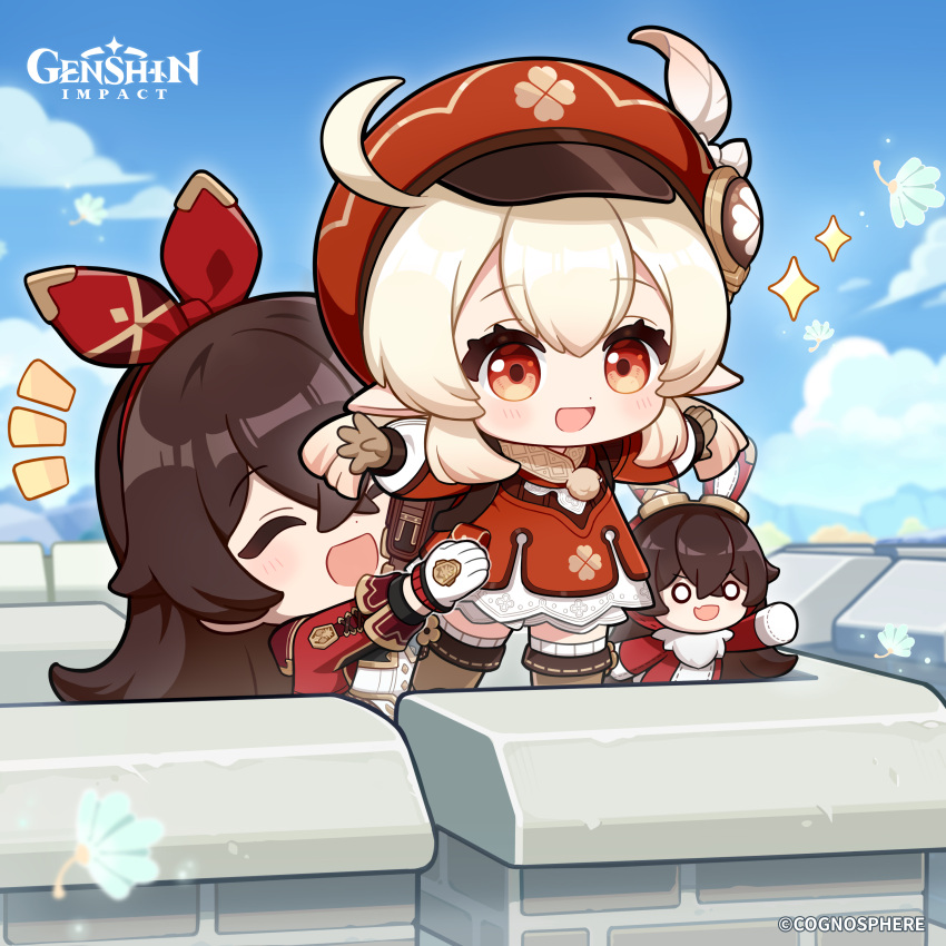 2girls absurdres amber_(genshin_impact) backpack bag baron_bunny_(genshin_impact) blue_sky boots brown_gloves brown_hair cabbie_hat chibi closed_eyes cloud copyright_name crossed_bangs day dot_nose dress english_commentary female_child genshin_impact gloves hair_between_eyes hair_ribbon hat highres klee_(genshin_impact) long_sleeves low_twintails multiple_girls official_art open_mouth outdoors outstretched_arms pointy_ears red_dress red_eyes red_headwear red_ribbon ribbon sky smile sparkle spread_arms standing twintails