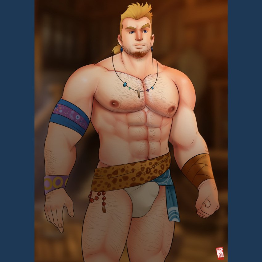 1boy abs absurdres arm_hair bara beard_stubble blonde_hair briefs bulge chest_hair chinstrap_beard doctor_anfelo earrings erection erection_under_clothes feet_out_of_frame final_fantasy final_fantasy_vi hairy highres jewelry large_pectorals leg_hair long_sideburns male_focus male_underwear mature_male muscular muscular_male navel navel_hair necklace nipples paid_reward_available pectorals raised_eyebrow sabin_rene_figaro short_hair short_ponytail sideburns sideburns_stubble solo standing stomach strongman_waist thick_eyebrows thighs tooth_necklace topless_male underwear