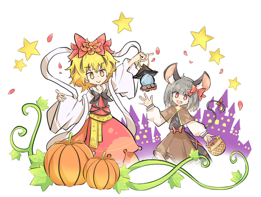 2girls animal_ears basket blonde_hair bow brown_dress character_request closed_mouth crystal_ball dress falling_petals grey_hair hair_bow highres holding holding_basket leaf long_sleeves medium_hair mouse_ears mouse_tail multiple_girls open_mouth petals primsla pumpkin red_bow red_dress red_eyes smile starry_background tail touhou white_background yellow_eyes