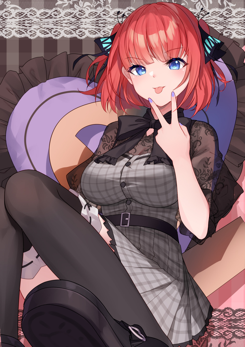 1girl belt bison_cangshu black_ribbon black_thighhighs blue_eyes blue_nails blunt_bangs butterfly_hair_ornament buttons cunnilingus_gesture dress go-toubun_no_hanayome hair_ornament heart heart_pillow highres looking_at_viewer mary_janes nakano_nino pillow plaid plaid_dress pleated_dress red_hair ribbon see-through see-through_sleeves shoes sitting solo thighhighs tongue tongue_out v