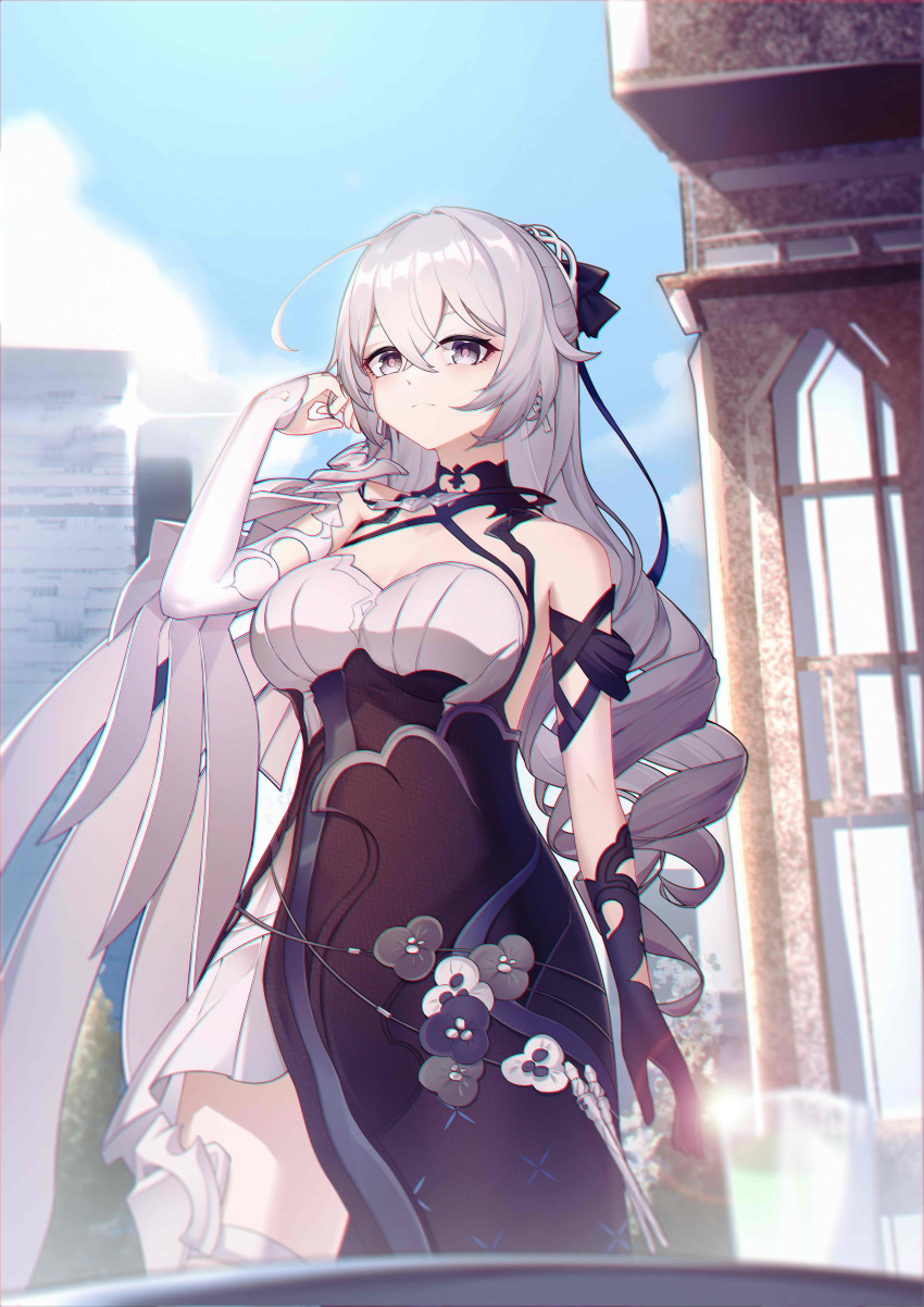 1girl absurdres bare_shoulders black_dress black_gloves blue_sky breasts bronya_zaychik bronya_zaychik_(silverwing:_n-ex) building cleavage closed_mouth cloud commentary day dress drill_hair earrings english_commentary gloves grey_eyes grey_hair hair_between_eyes hair_ornament halfmoe hand_up highres honkai_(series) honkai_impact_3rd jewelry large_breasts long_hair looking_at_viewer outdoors pink_pupils single_glove single_sleeve single_thighhigh sky sleeveless sleeveless_dress smile solo thighhighs twin_drills white_dress white_sleeves white_thighhighs