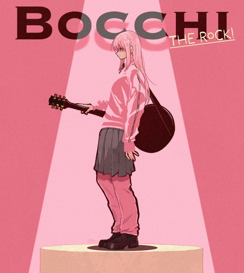 1girl black_footwear black_skirt blending bocchi_the_rock! copyright_name electric_guitar gibson_les_paul gotoh_hitori guitar highres instrument jacket long_hair pants pink_hair pink_jacket pink_pants pink_theme pink_track_suit pleated_skirt profile school_uniform shadow shoes shuka_high_school_uniform skirt sleeves_past_wrists solo standing syooooyoooo wide_shot