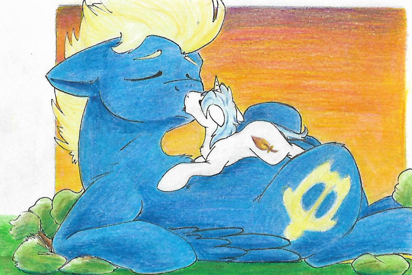 blue_body crushing_object cutie_mark duo equid equine eyes_closed feral hasbro horn horse kiss_on_lips kissing male male/male mammal my_little_pony ocean_serenity pegasus plant pony scruffasus size_difference snap_feather traditional_media_(artwork) tree unicorn white_body wings