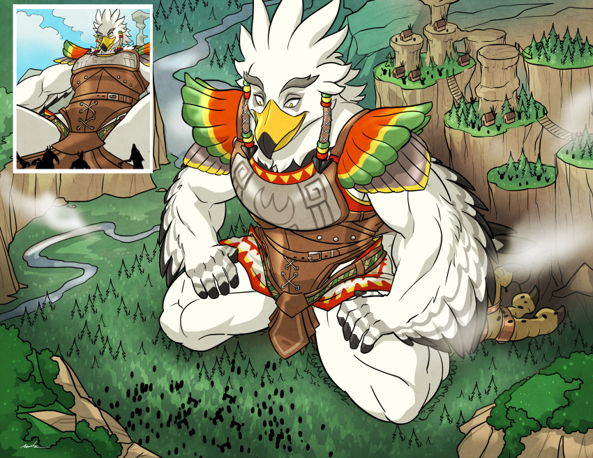 absurd_res anthro armor avian bird braided_pseudo_hair breath_of_the_wild feathers forest hi_res high-angle_view kneeling looking_down low-angle_view macro male nintendo plant rito rito_village smile solo teba_(tloz) the_legend_of_zelda tree valley wfa white_body white_feathers