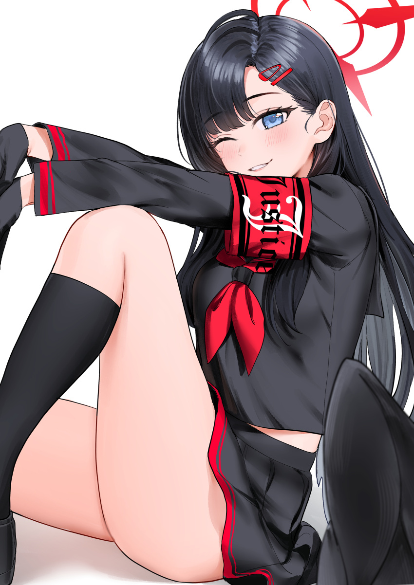 1girl ;d absurdres armband black_gloves black_hair black_serafuku black_socks black_wings blue_archive blush feathered_wings gloves halo highres ichika_(blue_archive) knee_up kneehighs long_sleeves looking_at_viewer looking_to_the_side midriff_peek miniskirt neckerchief nonbire one_eye_closed pleated_skirt red_armband red_halo red_neckerchief school_uniform serafuku simple_background sitting skirt smile socks solo white_background wings