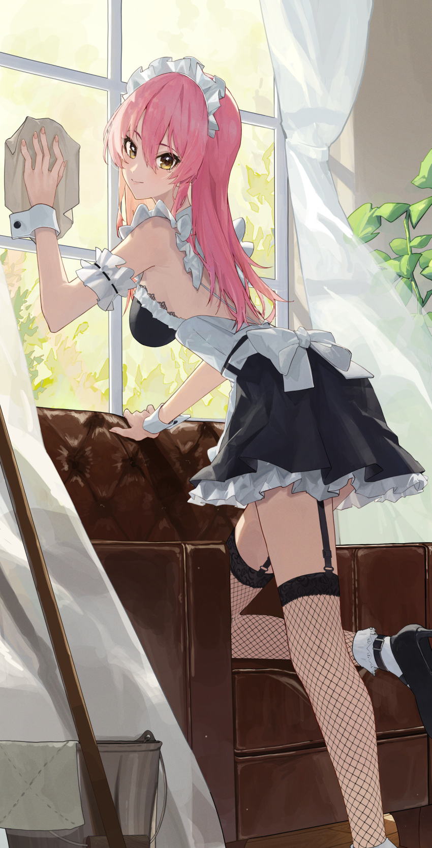 1girl absurdres alternate_costume apron black_dress black_garter_straps black_thighhighs blush breasts dress enmaided fishnet_thighhighs fishnets garter_straps highres holding_rag idolmaster idolmaster_cinderella_girls indoors jougasaki_mika long_hair looking_at_viewer maid maid_headdress medium_breasts ningen_gokko pink_hair smile solo straight_hair thighhighs very_long_hair white_apron wrist_cuffs