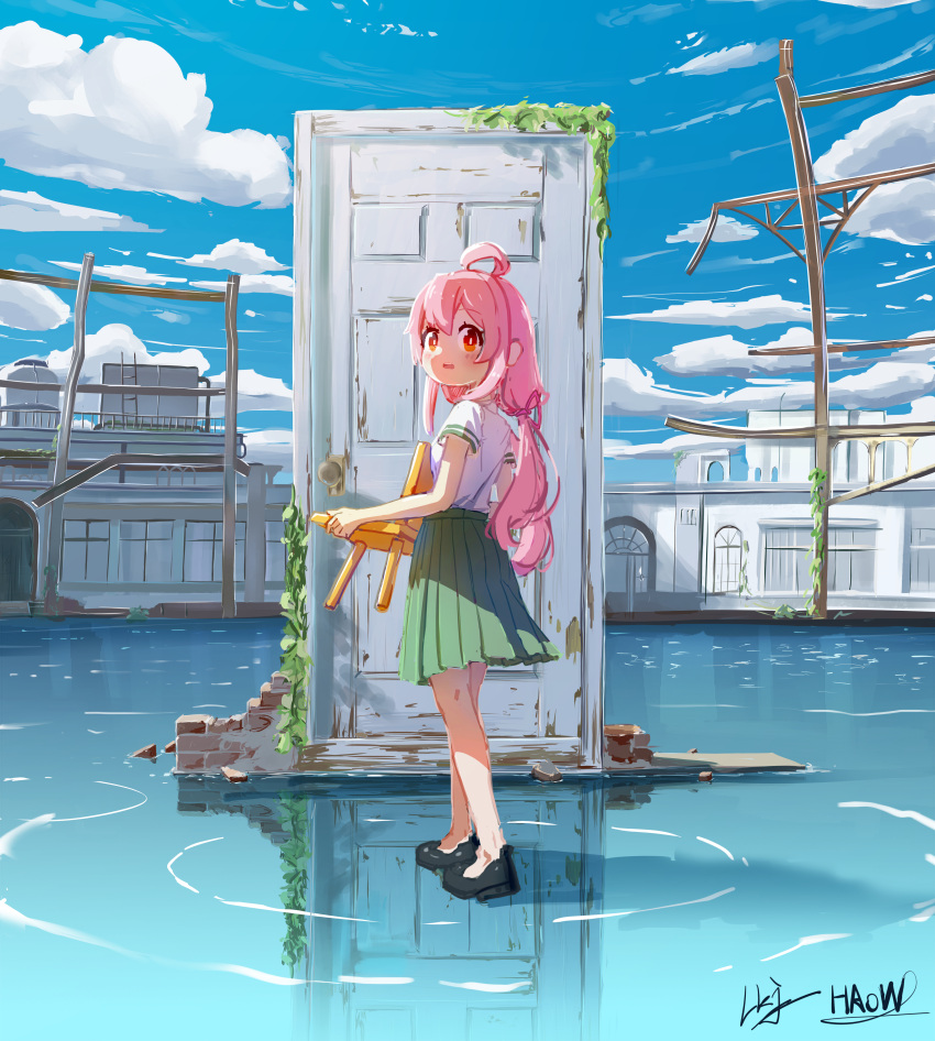 1girl abandoned absurdres bathhouse black_footwear blue_sky cloud crossover detailed_background door green_skirt hair_ribbon highres loafers long_hair looking_at_viewer looking_back low-tied_long_hair munakata_souta_(chair) nature onii-chan_wa_oshimai! oyama_mahiro pink_hair pink_ribbon pleated_skirt poster_redraw red_eyes redraw reflection reflective_water ribbon school_uniform shirt shoes skirt sky suzume's_chair suzume_no_tojimari user_emcm5342 wading water weeds white_shirt