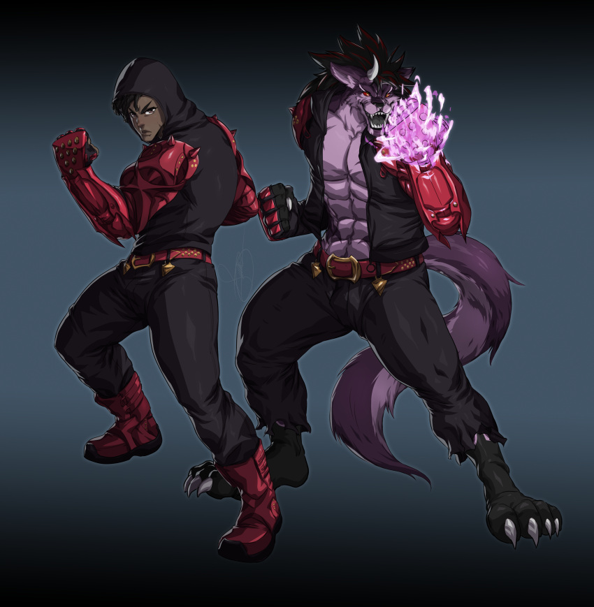 absurd_res anthro barefoot cambion canid canid_demon canine canis clawed_fingers claws clothing dark_body dark_skin demon duo elemental_manipulation fangs feet fire fire_manipulation hellhound helluva_boss hi_res hoodie human hybrid male mammal muscular muscular_male potemkinbuster quest_(zylo24) red_eyes tail tail_tuft teeth toe_claws topwear torn_clothing transformation tuft wolf wolf_tail