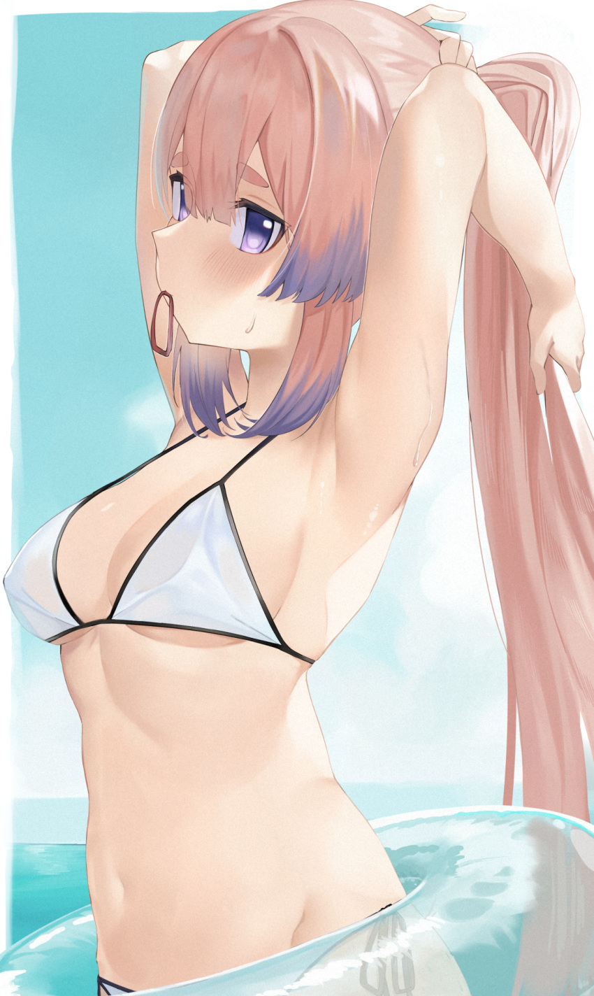 1girl armpits arms_up bare_arms bare_shoulders bikini breasts commentary_request genshin_impact hair_tie_in_mouth highres innertube long_hair looking_at_viewer medium_breasts mouth_hold navel pink_hair purple_eyes sangonomiya_kokomi solo stomach swimsuit upper_body very_long_hair white_bikini yatsucchie