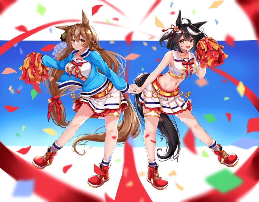 2girls absurdres ahoge animal_ears bare_shoulders black_hair blue_jacket brown_hair cheerleader cosplay ear_ornament full_body highres horse_ears horse_girl horse_tail jacket kitasan_black_(umamusume) long_hair long_sleeves looking_at_viewer multicolored_hair multiple_girls nice_nature_(run&amp;win)_(umamusume) nice_nature_(umamusume) nice_nature_(umamusume)_(cosplay) one_eye_closed open_mouth pom_pom_(cheerleading) red_eyes red_footwear roar_yell!_tracen_academy_cheerleading_squad_(umamusume) satono_diamond_(umamusume) shirt shoes short_hair skirt smile sneakers streaked_hair tabunshake tail umamusume white_hair white_shirt yellow_eyes